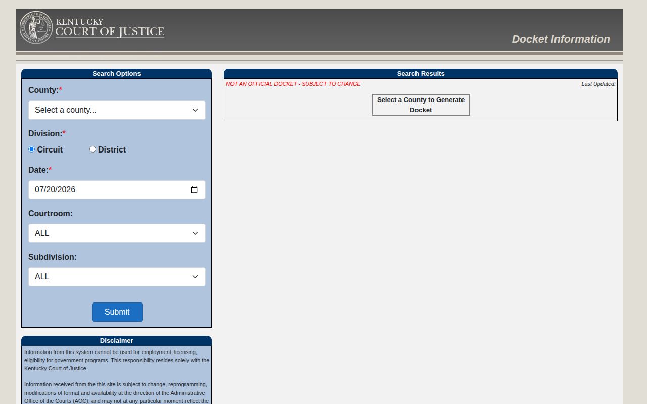 Kentucky Court of Justice docket search entry