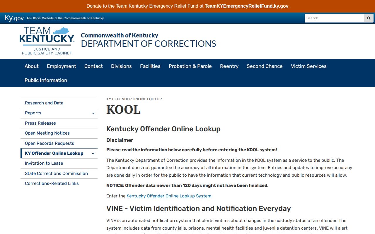 Kentucky DOC KOOL disclaimer and update warning