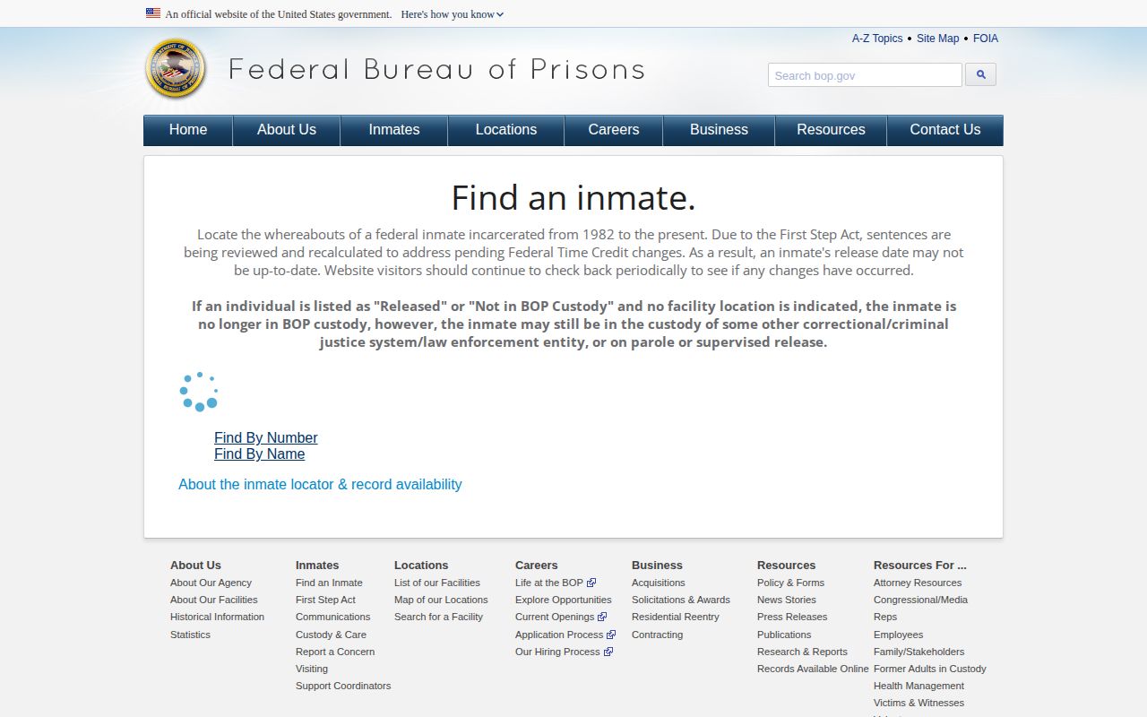 Federal BOP locator used to search USP Big Sandy camp prisoners