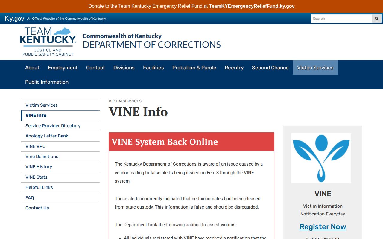Kentucky DOC VINE coverage and PIN guidance