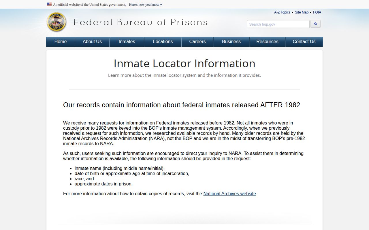 Official BOP description of inmate locator coverage and release records