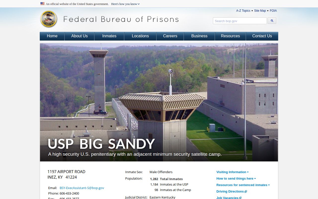 BOP page identifying USP Big Sandy and the minimum-security satellite camp